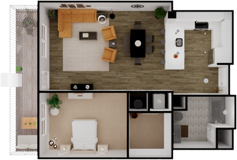Floor plan for 1 bed, 1 bath, 874 sqft